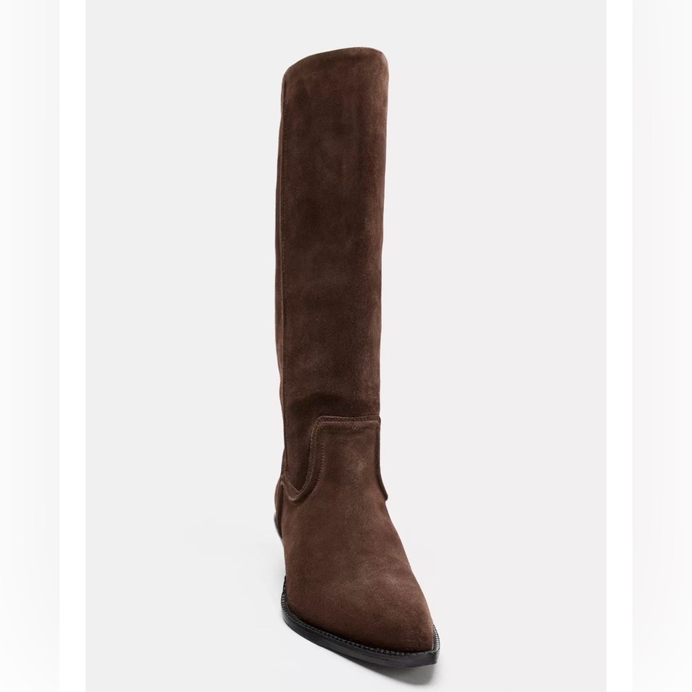 ZARA SPLIT LEATHER HEELED COWBOY BOOTS Brown Suede Knee-High Boots - Picture 4 of 12